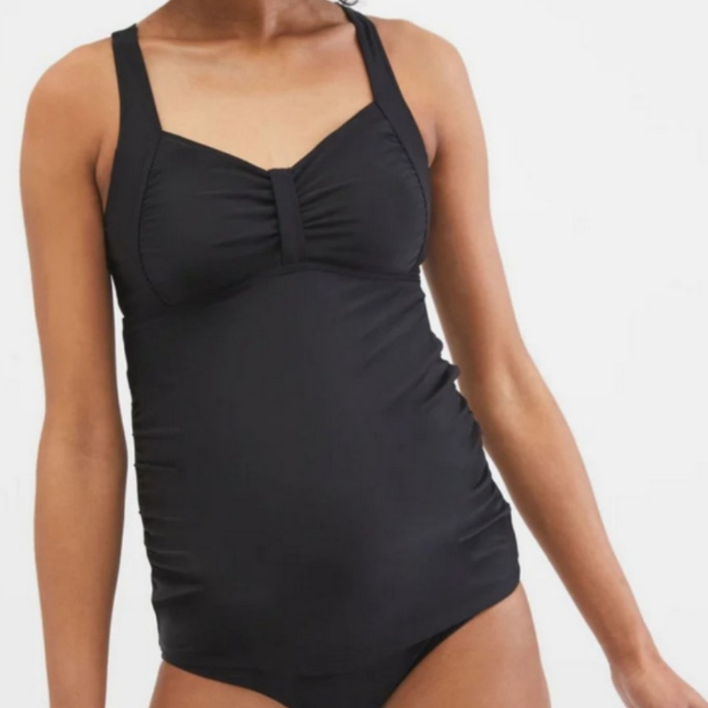NWT Motherhood Maternity Twist-Front Swimsuit Tankini Top in Black, size L